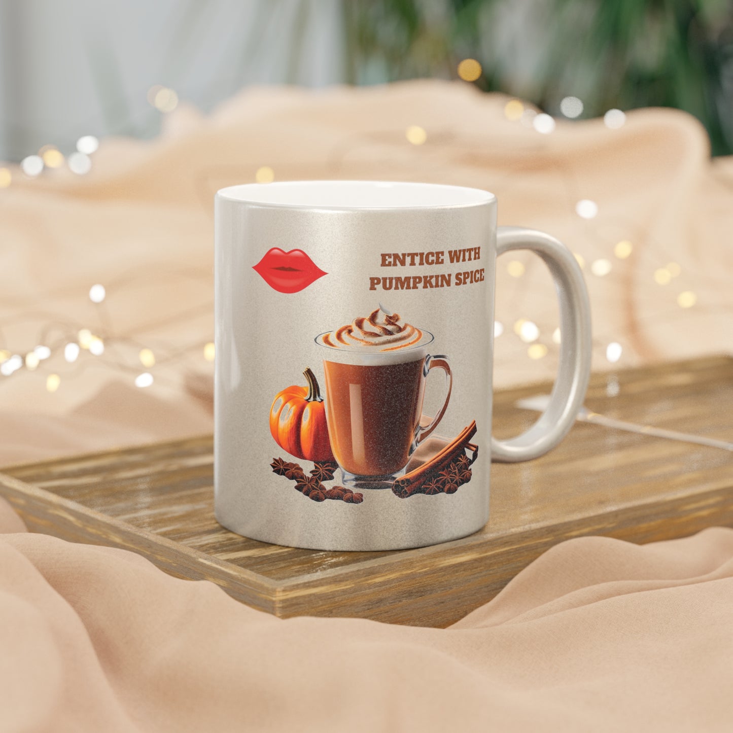 Entice With Pumpkin Spice Latte Lips Metallic Mug (Silver\Gold)